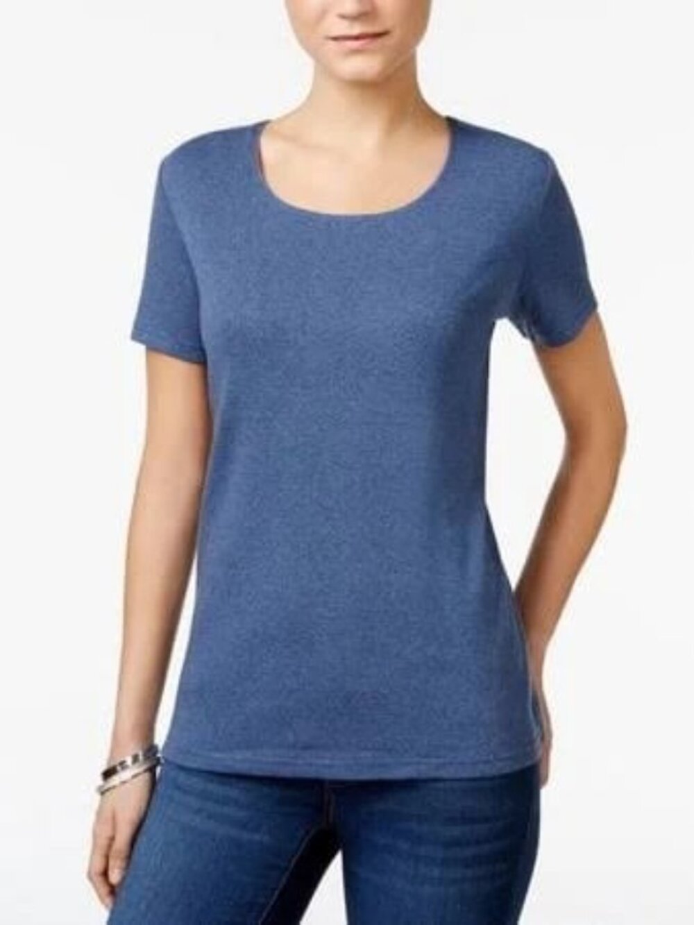 Karen Scott Blue Scoop Neck Tee Women Petite Small Short Sleeve Basic Top